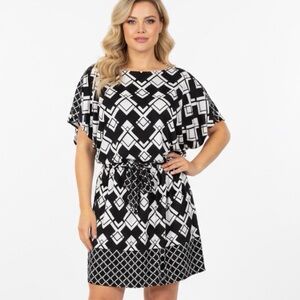 WHITE HOUSE BLACK MARKET black and white geometric stretch jersey dress Large